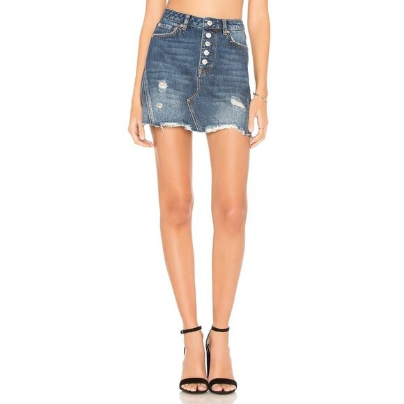 Free People Denim A-Line Mini Skirt Destructed Size 26 Blue Distressed - Picture 6 of 7